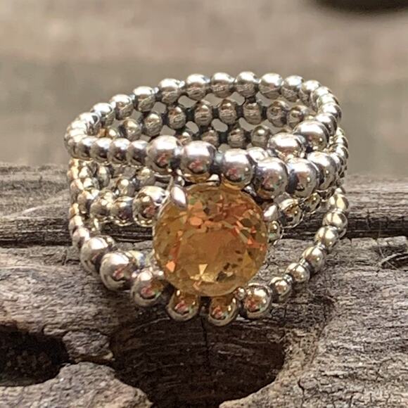 Michael Dawkings Ring Sterling Silver Caviar Bead w/ Yellow Sapp. Center Size 9 - Picture 2 of 8